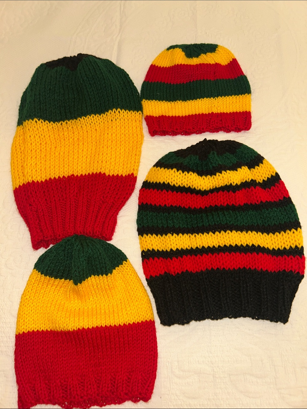 Kids Striped handmade Knit Beanie Hat - Red, Yellow & Green set of 4 for family